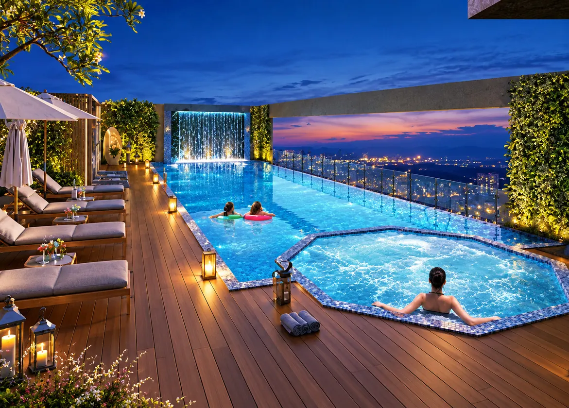 Swimming pool with jacuzzi on the terrace