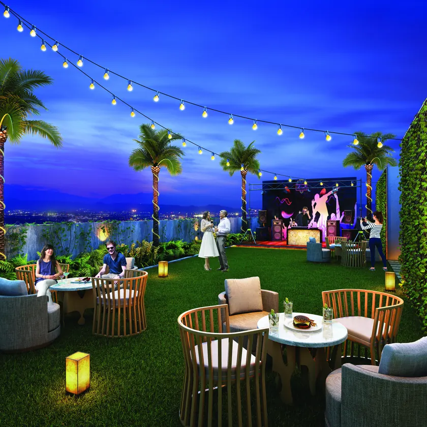 Sky party lawn with seating at dusk