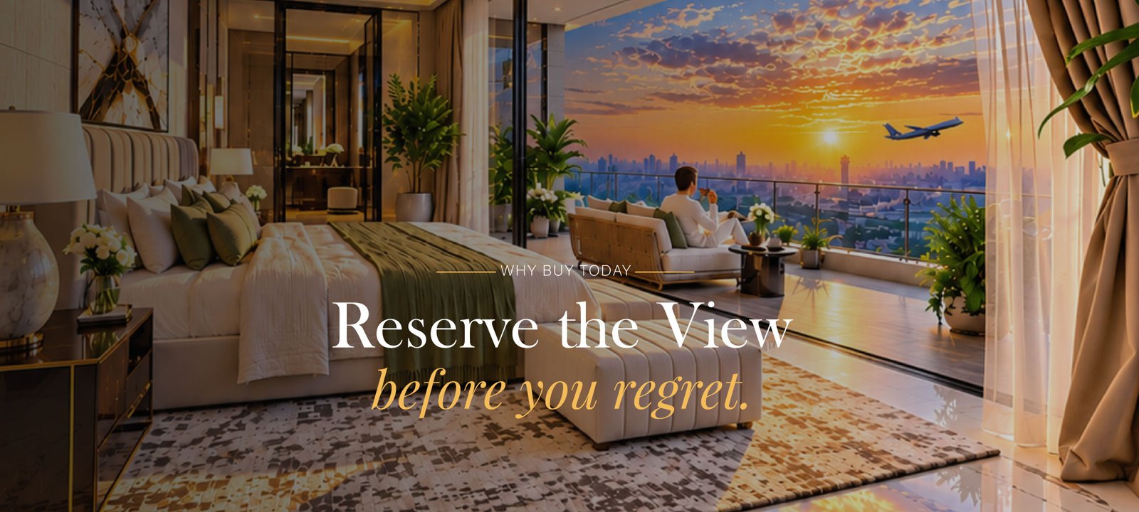 Reserve the view before you regret. Master bedroom opening onto a deck at sunset